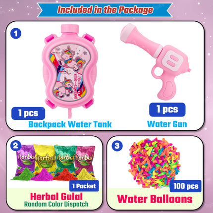 Zest 4 Toyz Holi Water Pichkari for Kids Unicorn Back Holding Tank Water Gun with 100 Water Balloons and Herbal Gulal for Holi Celebration 