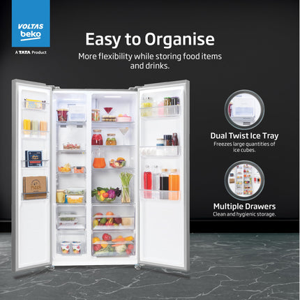 Voltas Beko, A Tata Product 472 L Side by Side Frost Free Refrigerator with ProSmart Inverter Compressor (2024 Model, RSB495/FPV300RXID, INOX, Electronic Temperature Control and Display) 