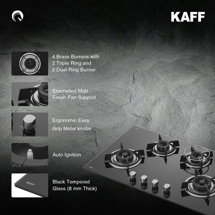 KAFF Built-in Hobs 4 Burners, Auto Electric Ignition Glass Top, 80 CM, Powerful Brass Burners, 8 MM Thick Toughened Glass, Enamelled Matt Grills (Black) | HBR 804 