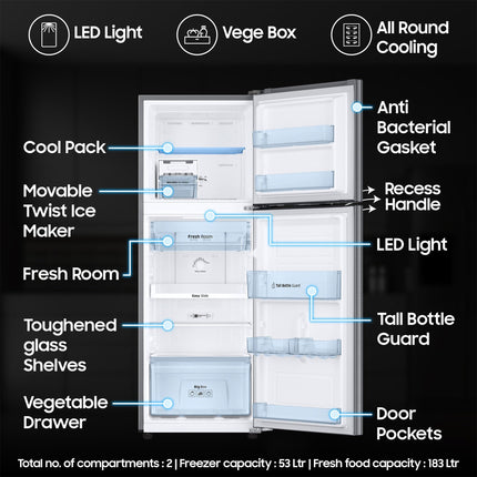 Samsung 236 L, 3 Star, Digital Inverter, Frost Free Double Door Refrigerator (RT28C3053S8/HL, Silver, Elegant Inox) 