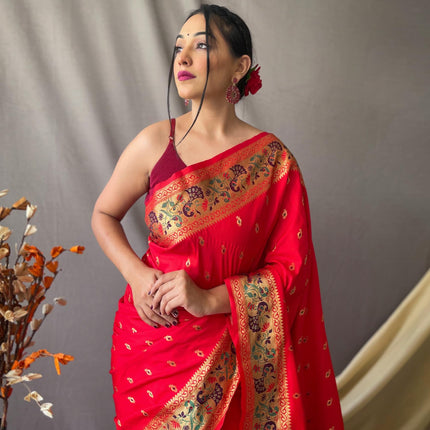 SGF11 Women's Paithani Soft Lichi Silk Kanjivaram Sarees With Blouse Piece (Red) 
