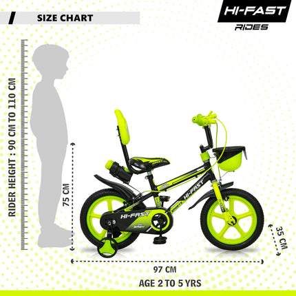 HI-FAST 14 inch Sports Kids Cycle for Boys & Girls 3 to 5 Years with Training Wheels (95% Assembled) (Green) 