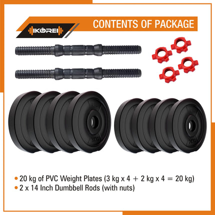 Kore 20 KG PVC-DM COMBO16 (3Kg X 4 Plates + 2Kg X 4 Plates) Home Gym Dumbbells Kit, Black 