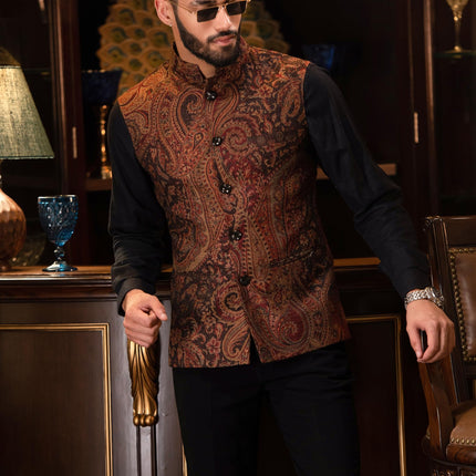 Pashtush Mens Woven Jacquard Structured Waistcoat, Slim Fit, Royal Black (38 - S)