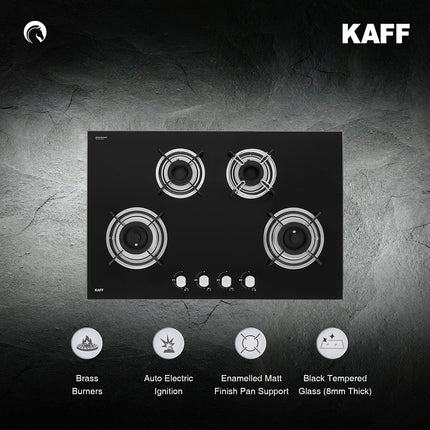 KAFF Built-in Hobs 4 Burners, Auto Electric Ignition Glass Top, 80 CM, Powerful Brass Burners, 8 MM Thick Toughened Glass, Enamelled Matt Grills (Black) | HBR 804 