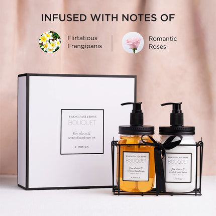Kimirica Bouquet Hand wash Hand Lotion Duo set with Metal Caddy | Goodness of Frangipani and Rose, 100% Vegan & Paraben Free | Long Lasting fragrance | Luxury Gift set | Gift hamper | Premium Packaging (500ml x 2) 