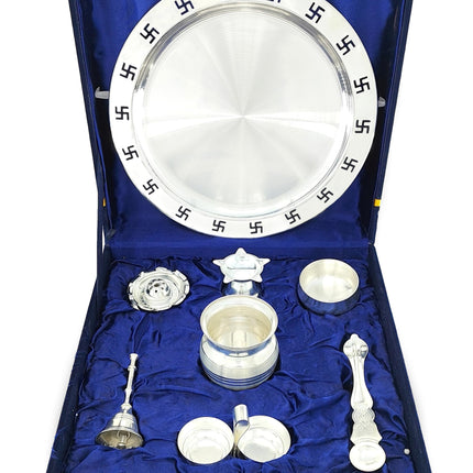 BENGALEN Pooja Thali Set Silver Plated with Blue Gift Box Designed Puja Plate Kalash Bowl Haldi Kumkum Stand Ghanti Dhup Dan Palli Diya for Home Office Diwali Wedding Return Gifts 
