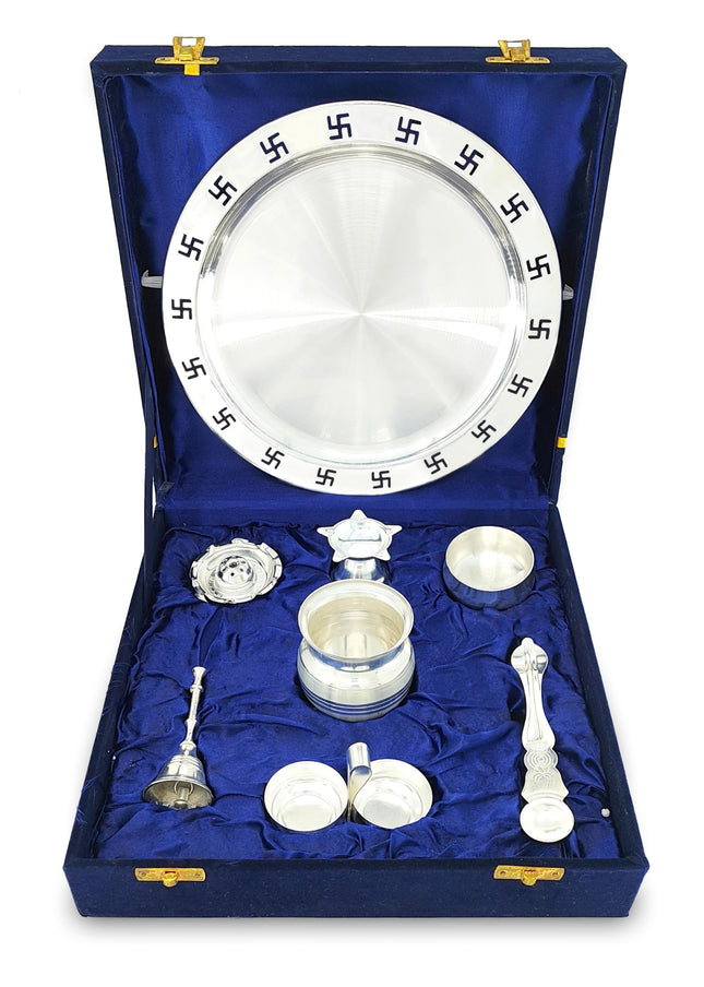 BENGALEN Pooja Thali Set Silver Plated with Blue Gift Box Designed Puja Plate Kalash Bowl Haldi Kumkum Stand Ghanti Dhup Dan Palli Diya for Home Office Diwali Wedding Return Gifts 