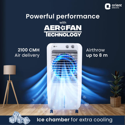 Orient Electric Aeroquid 46L Personal Cooler | 8m Air Throw Distance | 150W Power Consumption | 4 Way Cooling | 1 Year Product Warranty | White 