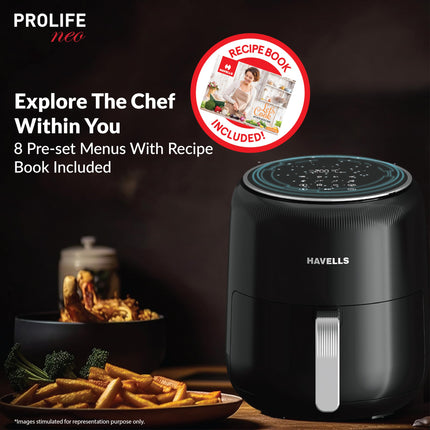 Havells Prolife Neo 4.5 L Air Fryer|Digital Display With Led|8 Pre Set Menu|Auto Shutoff|Cool Touch Handle|60 Min Timer|1500W|2 Yr Manufaturer Warranty,Black 