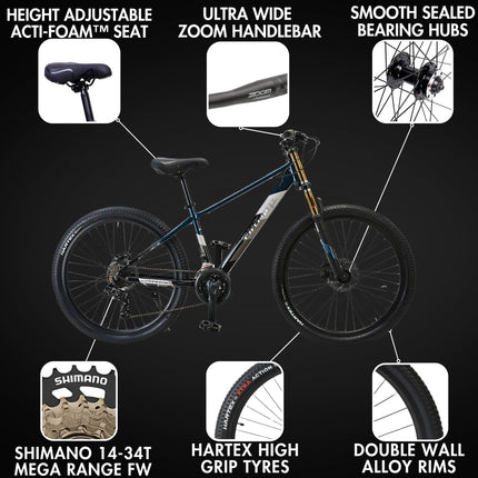FitTrip Super Dominator 27.5T Stunt MTB | 21 SPD Shimano Gearset | DUALL Crown Suspension | Jak 7 Dual Disk Brakes | Dual Tone Paintjob with Crystals | Stunt Cycle (Mariana Teal Blue) 