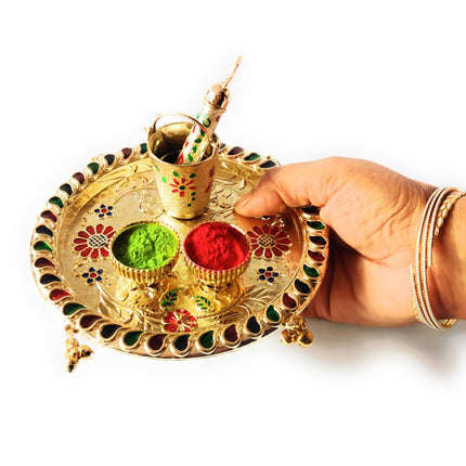 Sau Rang Laddu Gopal Meenakari Plate for Holi with Balti Pichkari (Symbolic Toy only) and 2 Empty Bowls. Material Plastic 