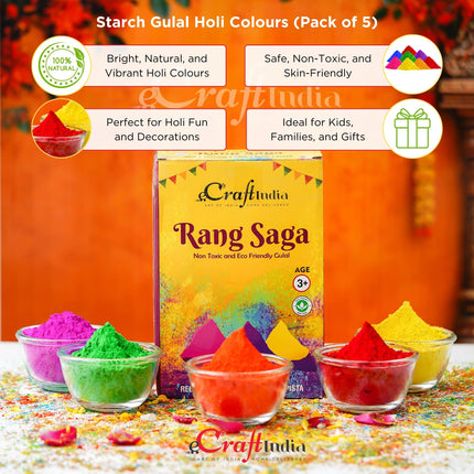 eCraftIndia Pack of 5 (5x80 g) Natural Gulal Holi Colours | Holi Colours for Kids Family Men Women | Natural Holi Colour | Holi Decoration Items | Holi Gulal | Holi Gift Hampers Box 