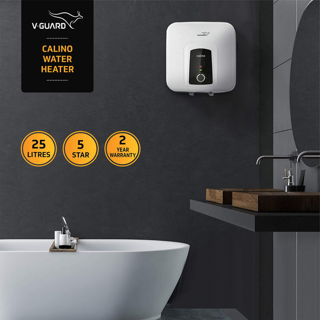 V-Guard Calino 25 Litre Storage 5 Star Water Heater, 100% ABS Body with IPX4 Rating; Free PAN India Installation and Free Inlet Outlet Connection Pipes; White, Wall 