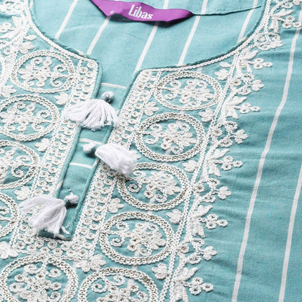 Libas Women's Cotton Yoke Design Straight Kurta (23637O_Blue 