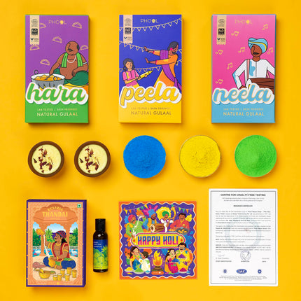 Phool Rang Utsav Natural Gulaal Collection - 3 Vibrant Colors of Skin-Safe Gulaal (100 gm Each) with Kesar Badam Thandai Powder, Kimirica Shower Gel & Holi Greeting Card 