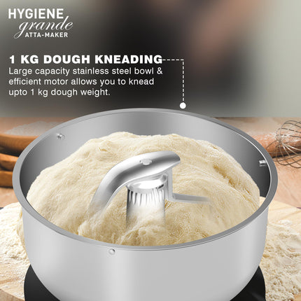 Havells Hygiene Grande Atta Kneader Dough Maker with 5L SS Bowl, Up to 1 KG Dough Maker, 4 Speed, Aluminium Dough Hook, Transparent Anti Splatter Lid with Lock, Hands Free Operation, 2 Yr Warranty 