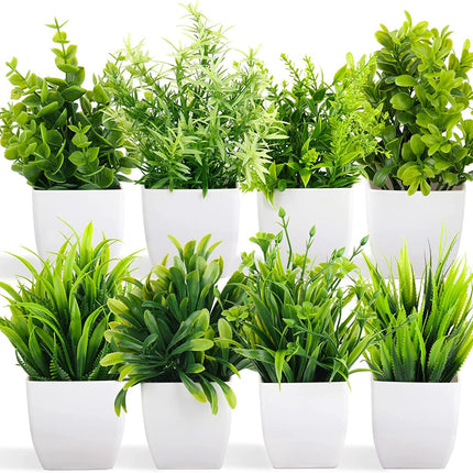 Dekorly Artificial Potted Plants, 8 Pack Artificial Plastic Eucalyptus Plants Small Indoor Potted Houseplants, Small Faux Plants for Home Decor Bathroom Office Farmhouse (Set 0F 8) 