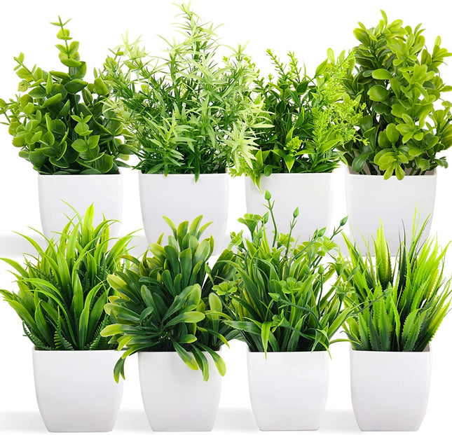 Dekorly Artificial Potted Plants, 8 Pack Artificial Plastic Eucalyptus Plants Small Indoor Potted Houseplants, Small Faux Plants for Home Decor Bathroom Office Farmhouse (Set 0F 8) 
