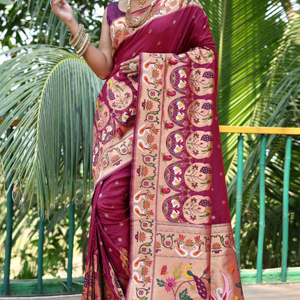 SGF11 Women's Kanjivaram Paithani Silk Saree Pure Golden Zari With Blouse Piece(Rani Pink) 