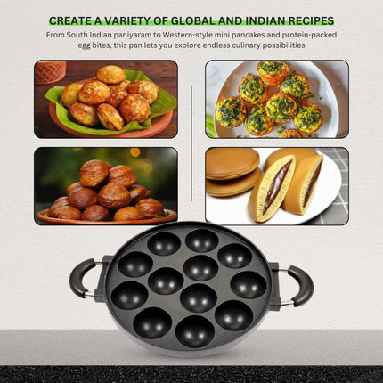 HomeEssentials Appam Pan - 12 Pit/Cup Appe Maker/Pre-Seasoned/Pan for Mini Pancakes, Litti, Potato Balls & Stuffed Snacks/Appe Pan Paniyarakkal/Dual Side Rubber Handle (28cm, Aluminium) 