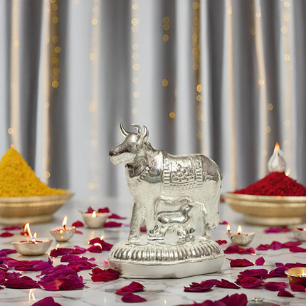Vail Creation German Silver Kamdhenu Cow and Calf Idol Decoration for Pooja Room Gift Worship Office Home Decor Items | Silver Cow and Calf Statue 