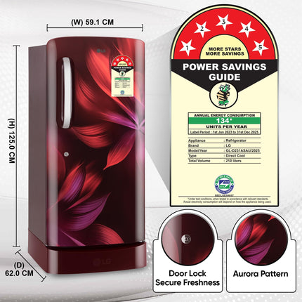 LG 210 L, 5 Star, Direct Cool, Smart Inverter Compressor, Single Door Refrigerator (2025 Model, GL-D231ASAU, Scarlet Aurora, Moist 'N' Fresh, Base stand with Drawer & Fast Ice Making) 