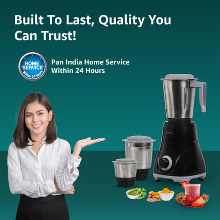 Havells Pulse 500 Watt Mixer Grinder|3 Stainless Steel Leak-Resistant Jars (400ml, 800ml, 1.2L)|3 Speed Control|Heavy-Duty ABS Body|Durable SS Blades|Air Vent Technology |1 Year Product Warranty|Black 