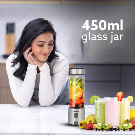 AGARO Galaxy Portable Blender, Portable Hand Blender For Kitchen, 450ml, For Smoothies, Shakes, 126W, 3000 mAh Battery, USB Rechargeable, Stainless Steel Blade. 