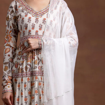 Libas Off White Printed Cotton A-Line Kurta With Palazzos & Dupatta 