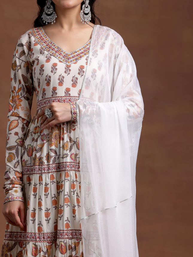 Libas Off White Printed Cotton A-Line Kurta With Palazzos & Dupatta 