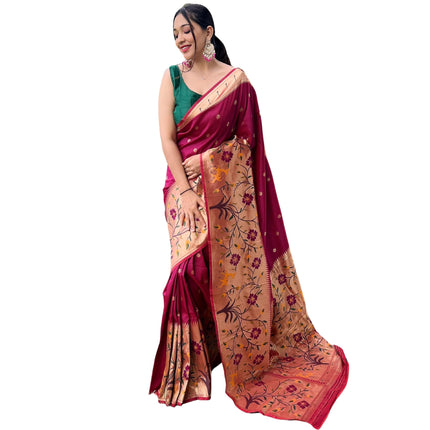 SGF11 Women's Paithani Soft Lichi Silk Banarasi Sarees With Blouse Piece (Maroon) 