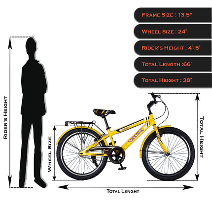 Vaux Excel 24t Cycle for Boys & Girls with V-Brakes, MTB Cycle with 13.5" Steel Frame, Alloy Rims,24x2.40inch Ralson Tyre, Bicycle for Boys 10 to 15 Years (Classic, Yellow) 