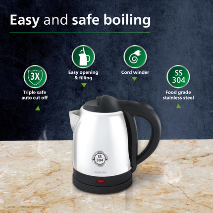 PHILIPS HD9373/00 1.5 liter Kettle with 25% thicker body for longer life, triple safe auto cut off, Stainless Steel, 1300 Watt 