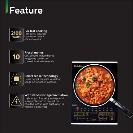 Philips Viva Collection Hd4938/01 2100-Watt Glass Induction Cooktop With Sensor Touch & Full Crystal Glass (Black) 