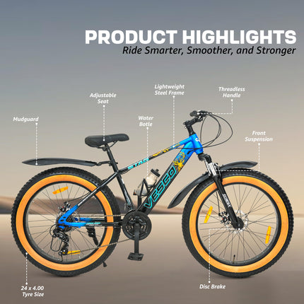 VESCO Stag 24T Fat Tyre Cycle for Boys, & Kids 15+, 21 Gears Cycle, Dual Disc Brakes, Front Suspension, Fitness & MTB Cycle (Blue, 24) 