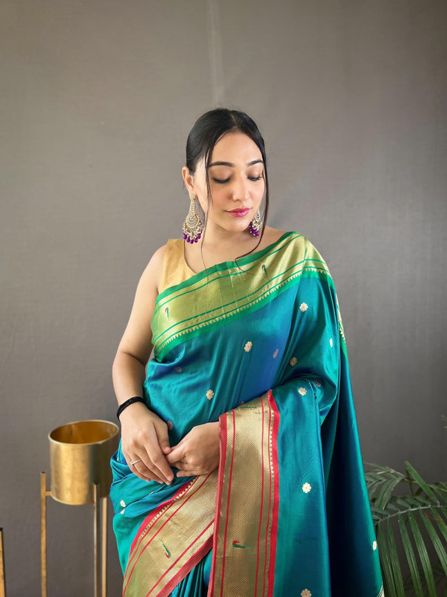 SGF11 Women's Paithani Soft Silk Kanjivaram Sarees With Blouse Piece (Rama Green) 