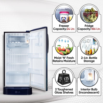 LG 210 L, 5 Star, Direct Cool, Smart Inverter Compressor, Single Door Refrigerator (2025 Model, GL-D231ABAU, Blue Aurora, Humidity Controller, Base stand with Drawer & Fast Ice Making) 