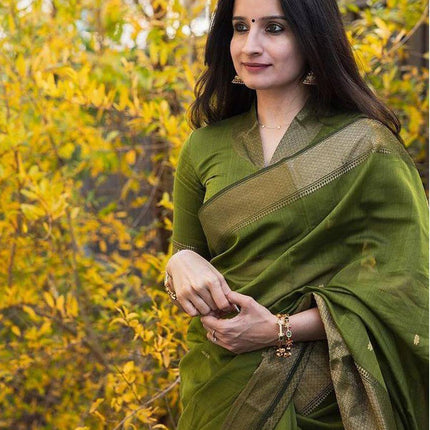 SIRIL Women's Soft Silk Saree | Banarasi Silk Sari | Jacquard Zari Work Saree With Unstitched Blouse Piece (4051S599_Olive Green) 