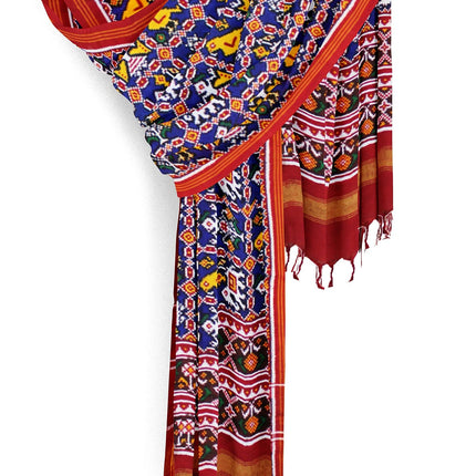 Garvi Gurjari Blue and Red Handwoven Double Ikat Silk Dupatta | Handloom Dupatta | Patan Patola | Length 2.5mtr 