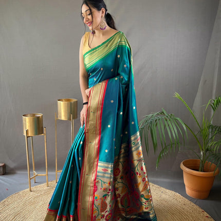 SGF11 Women's Paithani Soft Silk Kanjivaram Sarees With Blouse Piece (Rama Green) 