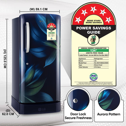 LG 210 L, 5 Star, Direct Cool, Smart Inverter Compressor, Single Door Refrigerator (2025 Model, GL-D231ABAU, Blue Aurora, Humidity Controller, Base stand with Drawer & Fast Ice Making) 
