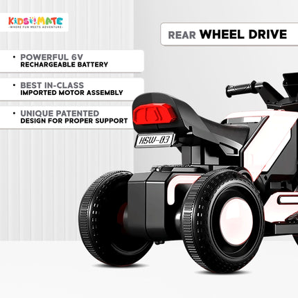 Kidsmate Hyrider 6V Electric Kids Bike with Rechargeable 6.5 Ah Battery Inbuilt Imported Motor Drive | Music Player, Front LED Light & Foot Accelerator Pedal Bike for Ages 1-4 Years (White) 