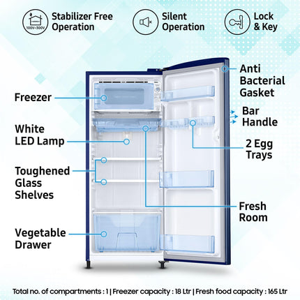 Samsung 183 L, 4 Star, Digital Inverter, Direct-Cool Single Door Refrigerator (RR20C1724CU/HL, Camellia Blue) 