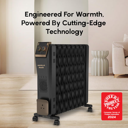 Havells Hestio 15 Wave Fin OFR (Oil Filled Radiator)|Room Heater|2900 W|3 Heat Settings & PTC Fan Heater|Inclined Control Panel|Retractable Wheels| Comfortable Breathing|360° Heating (Black) 