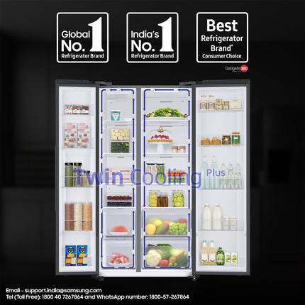 Samsung 653 L, 3 Star, Frost Free, Double Door, Convertible 5-in-1 Digital Inverter, Side By Side AI Enabled Smart Refrigerator with WiFi (RS76CG8003B1HL, Black Matte/Black DOI) 