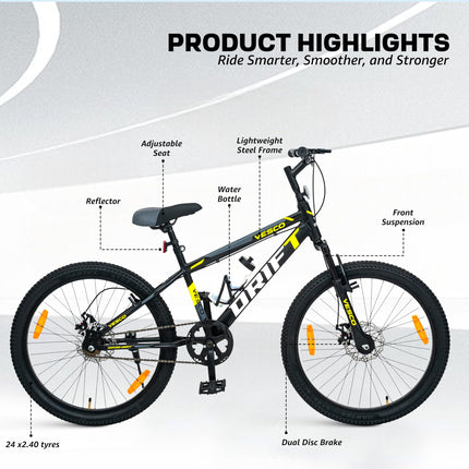 VESCO 24 T Drift Cycle for Big Kids MTB Mountain Bike | Dual Disk Brake & Front Suspension Single Speed Bicycle for Boys and Girls | 16 inches Frame | Ideal for 9-14 Years (Black) 