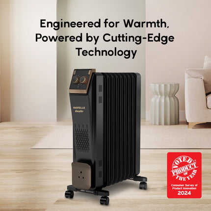 Havells 9 Fin Hestio Straight Fin OFR (Oil Filled Radiator)|Room Heater|2400 W|3 Heat Settings & PTC Fan Heater|Inclined Control Panel|Retractable Wheels| Comfortable Breathing|360° Heating (Black) 
