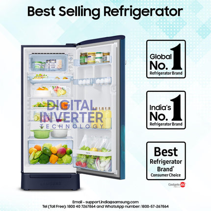 Samsung 215 L, 5 Star, Digital Inverter, Direct-Cool Single Door Refrigerator (RR23D2H359U/HL, Paradise Bloom Blue, Base Stand Drawer) 