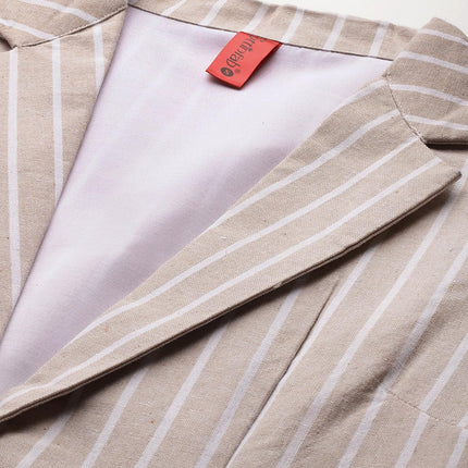 Cottinfab Women Beige & White Striped Long Sleeves Single-Breasted Pure Cotton Casual Blazer 